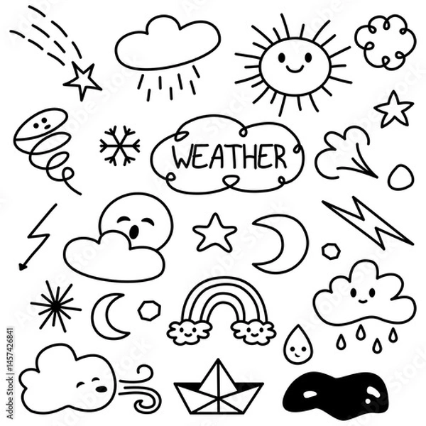 Fototapeta Doodle-style set of vector weather icons. Minimalist Black and White Silhouette Art