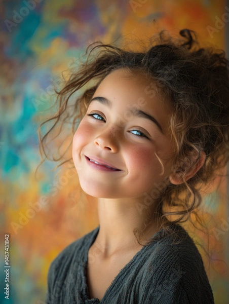 Fototapeta Retrato de niña ed ojos claros sonriente con fondo colorido y mirada tierna