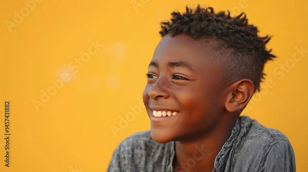 Fototapeta Niño sonriente mirando hacia un lado con fondo amarillo
