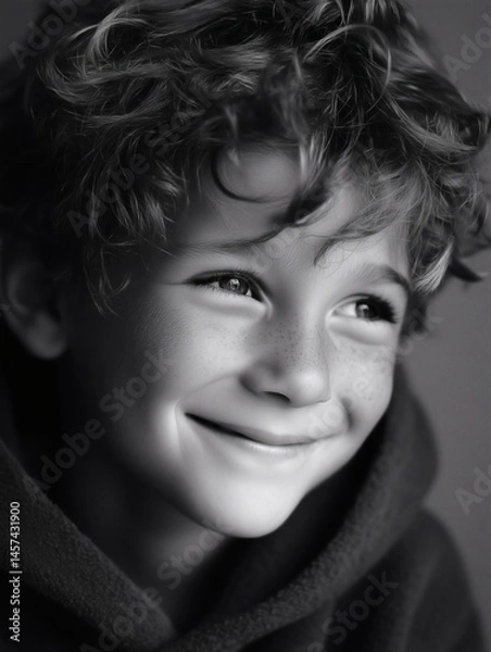 Fototapeta Niño sonriente con mirada lateral iluminado en blanco y negro 