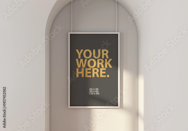 Fototapeta Vertical poster Frame Mockup hanging on ropes in arch