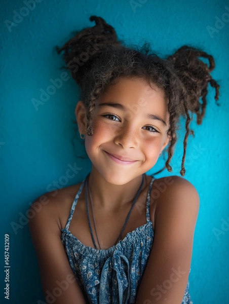 Fototapeta Niña sonriente con cabello despeinado en ambiente cálido