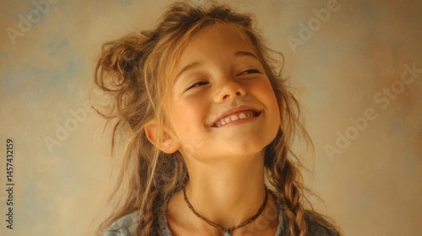 Fototapeta Niña sonriente con cabello despeinado en ambiente cálido