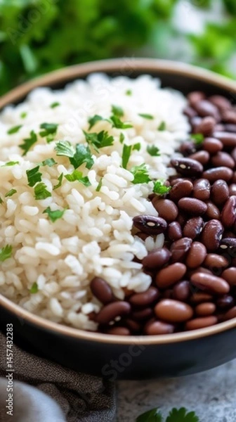 Obraz A delicious and healthy bowl featu fluffy white rice and flavorful red beans, garnished with fresh parsley, creating an appetizing and balanced meal option.
