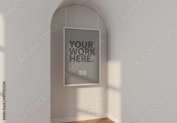 Fototapeta Vertical poster Frame Mockup hanging on metal ropes in arch
