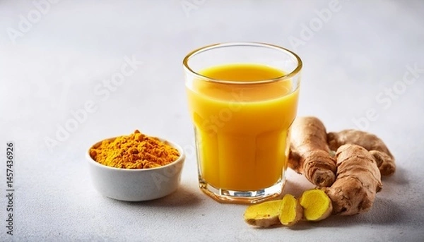 Fototapeta ginger and turmeric energy shot immune drink with ginger root and turmeric powder on light background macro