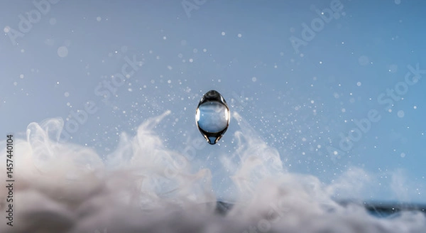 Obraz Suspended Water Droplet Surrounded By Vapor With Blue Gradient Background
