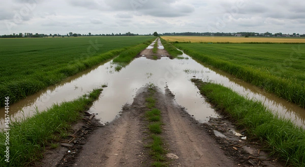 Obraz Muddy Road Leading Through Verdant Farmland Under Grey Overcast Sky