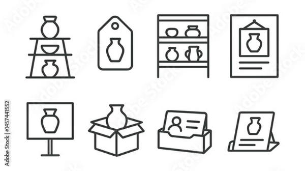 Fototapeta Line style icons of ceramic exhibition and sales: pottery display stand, price tag label, gallery shelf view, open studio flyer, ceramics show sign, customer pickup box, business card holder, exhibit