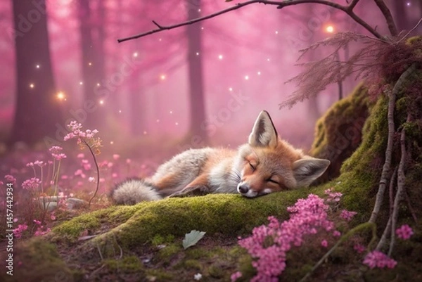 Obraz Sleeping Fox Kit in a Magical Pink Forest - generated by ai