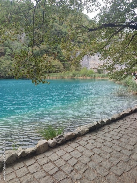 Fototapeta Tranquil Lakeside Path with Clear Blue Water and Overhanging Trees in Plitvice Lakes
