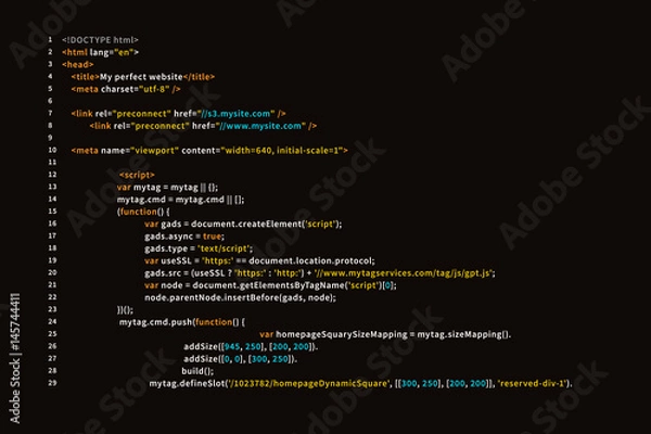 Obraz Simple website HTML code with colourful tags in browser view on dark