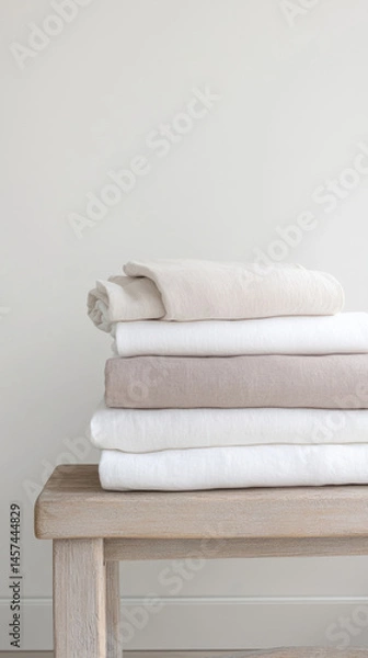 Obraz Minimalist bedroom design with folded linen bedding stack on wooden bench