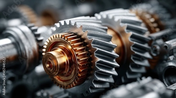 Fototapeta Close-up of a steel gearbox with intricate gears working together, demonstrating the mechanical elegance of industrial machinery