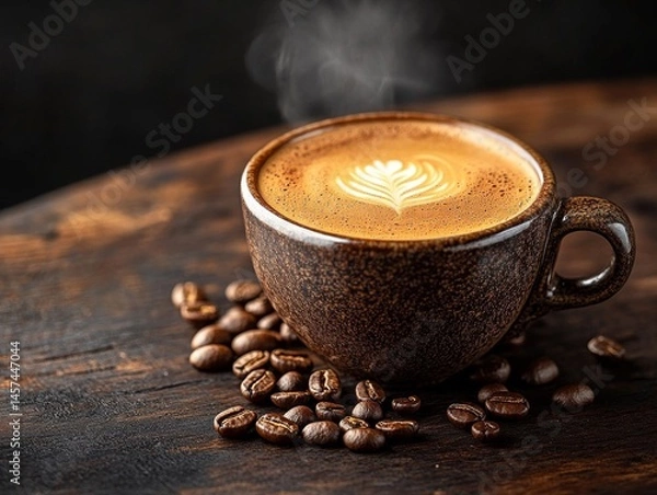 Fototapeta steaming cup of black coffee with crema, placed on a dark wooden table with scattered coffee beans, moody lighting, cinematic composition, warm and inviting -