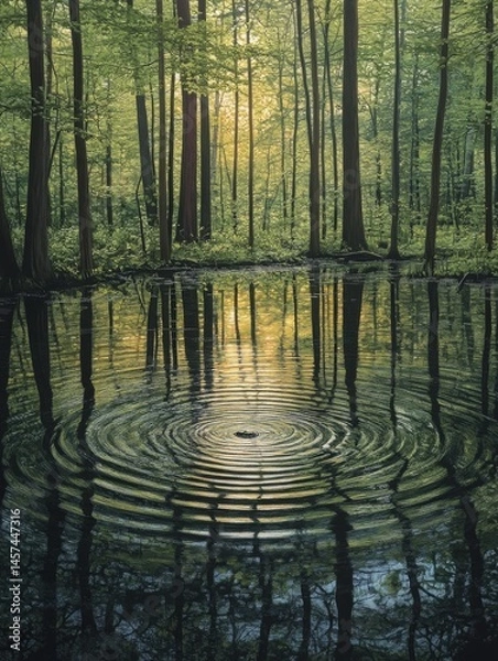Fototapeta Still water of a hidden forest pond reflecting the surrounding trees, a single ripple disturbs the glassy surface 