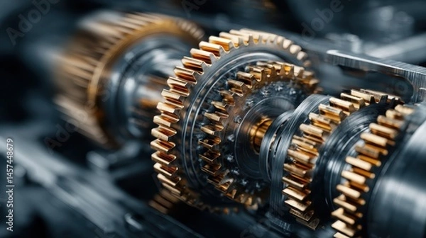 Fototapeta Steel gear mechanism in motion, illustrating the inner workings of a powerful industrial engine and the mechanical elegance of its design