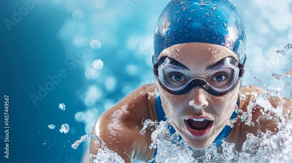 Fototapeta Determined female swimmer breaking through water with intensity in action-packed scene