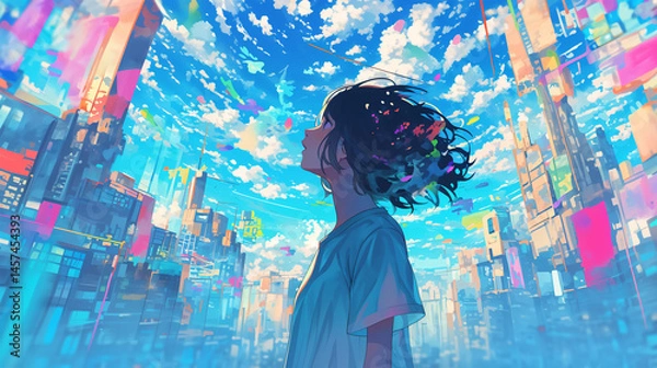 Obraz 都会で空を見上げる女性