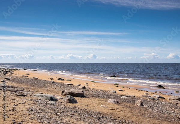Fototapeta The rocky shore of the Gulf of Riga in the Baltic Sea in Latvia on a sunny May day.
