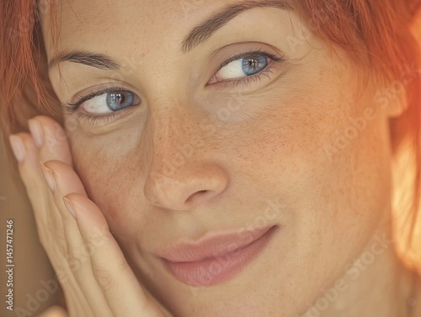 Fototapeta Soft-lit portrait of a woman applying beauty cream to her skin for a smooth, glowing look