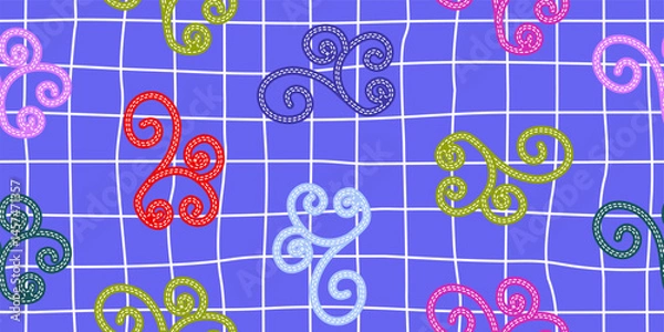 Fototapeta Seamless pattern with colorful embroidery motifs on a blue checkered background. Bright retro texture with swirls. For kids textile, wallpaper, or scrapbooking