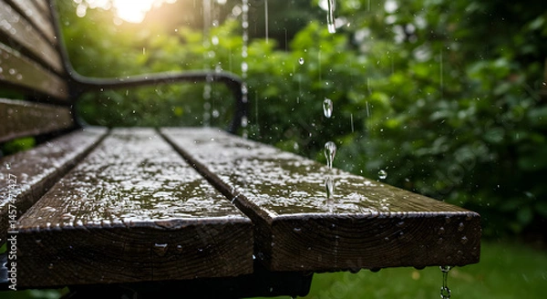 Fototapeta Tranquil Raindrops Falling On Empty Bench In A Lush Garden