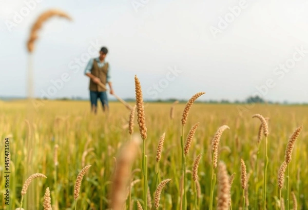 Fototapeta Campo de trigo com um homem trabalhando. Agropecuária.