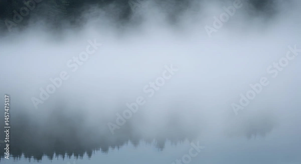 Fototapeta Ethereal Lake Landscape With Dense Fog And Reflected Forest