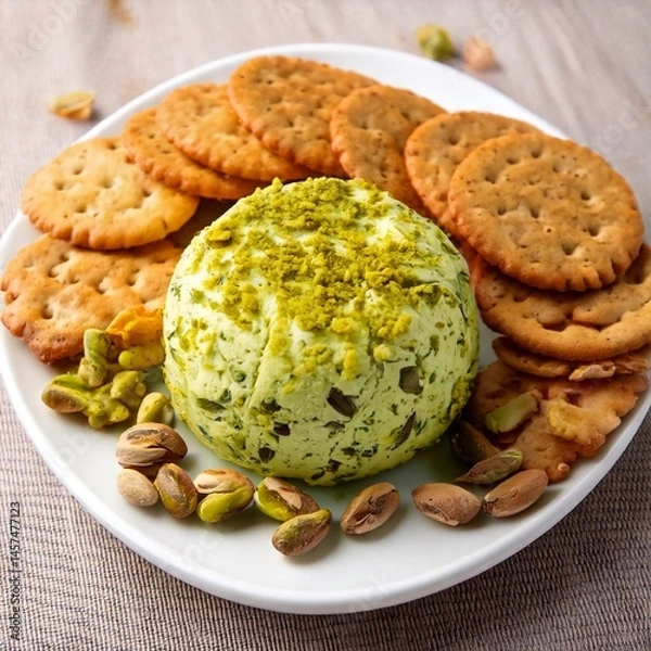 Fototapeta pistachio cheese ball with crackers on a plate