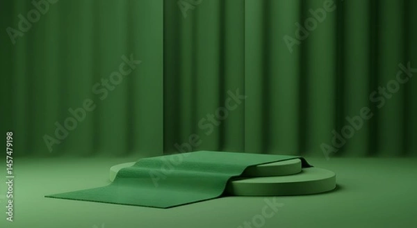Fototapeta Green Minimalist Podium Stage with Drape and Curtain for Product Presentation or Display.