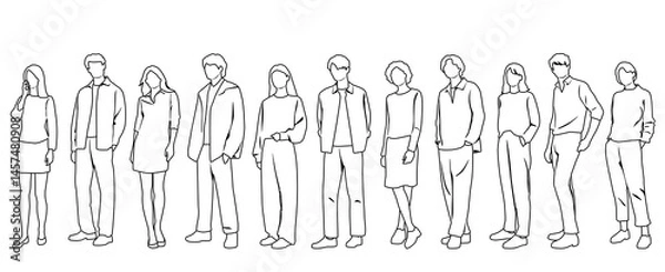 Obraz Vector silhouettes of men and women, group of standing  business people, profile, hand draw, linear sketch, black and white color, isolated on white background