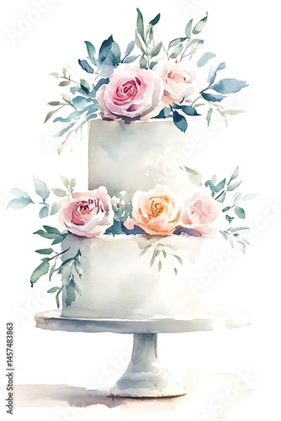 Fototapeta Watercolor painting of a two-tiered wedding cake decorated with pink and peach roses