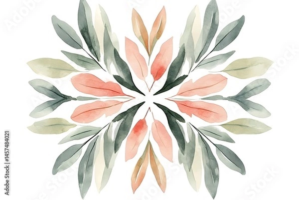 Fototapeta Watercolor floral pattern with pink and green leaves