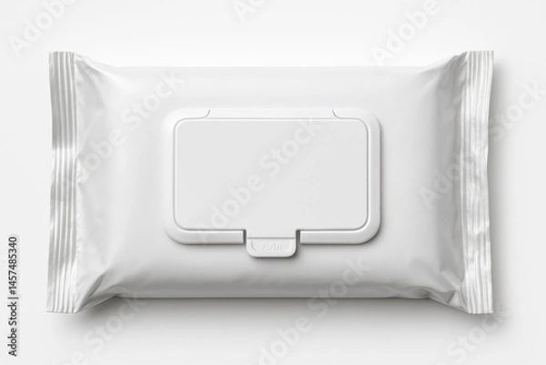 Fototapeta Sanitary Wet Wipes: A high-angle, photorealistic shot showcases a pristine packet of wet wipes, ideal for various cleaning applications, signifying cleanliness and freshness.