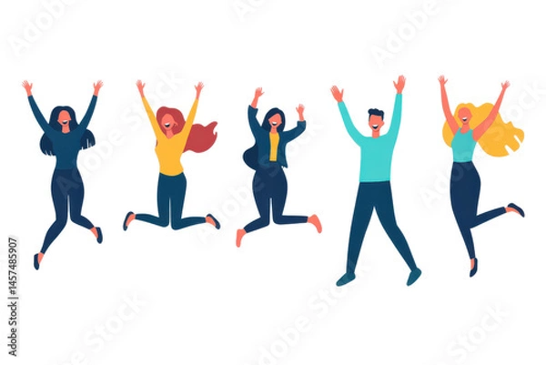 Fototapeta A group of five people jumping in the air with their arms raised in celebration and excitement together