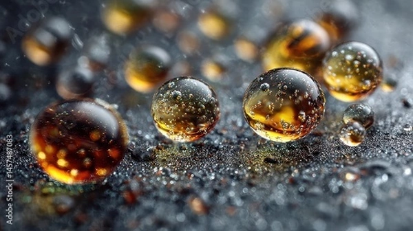 Fototapeta A stark backdrop of water droplets on a surface, each containing PFAS chemicals, a haunting reminder of the invisible environmental threat