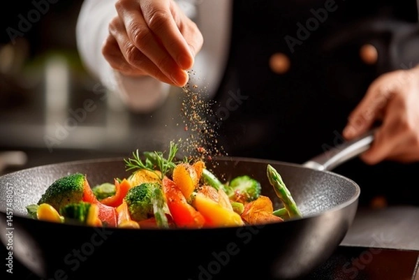 Fototapeta A skilled chef expertly sprinkles seasoning over a colorful mix of fresh vegetables cooking in a frying pan in a modern kitchen setting