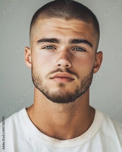 Obraz young man buzzcut stylish portrait grey background