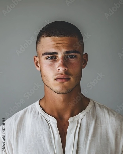 Obraz young man buzzcut stylish portrait grey background