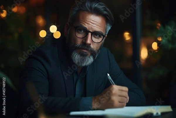 Obraz businessman watching video taking notes learning online