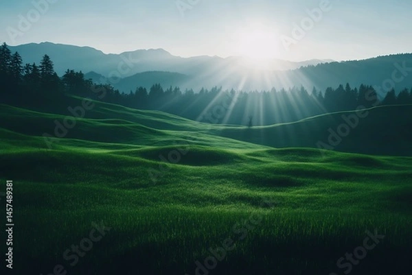 Obraz green hills under blue sky sunbeam landscape nature