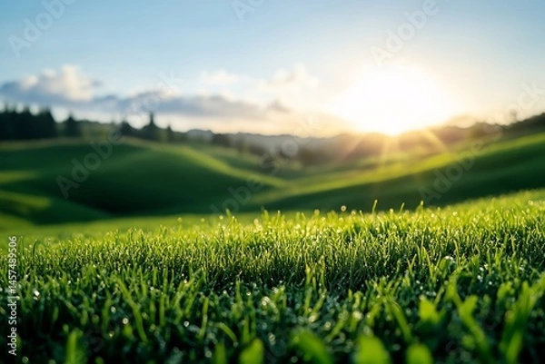 Obraz green hills under blue sky sunbeam landscape nature