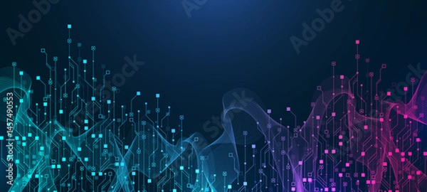 Fototapeta Artificial Intelligence or machine learning vector design. Quantum computer technology concept with circuit board and motherboard texture background design. Waves flow quantum explosion