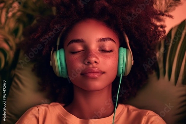 Fototapeta Woman relaxing on bean bag with pastel headphones