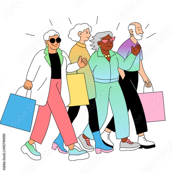 Fototapeta Group of stylish senior people walking with shopping bags
