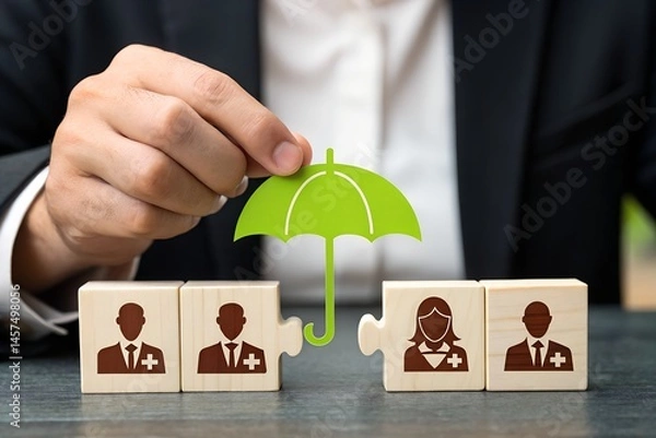 Fototapeta Hand holding Green Umbrella over Healthcare puzzle: A professional hand carefully positions a green umbrella above two separate wooden puzzle pieces featuring healthcare professionals.