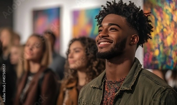 Obraz group of diverse people at art exhibition in gallery