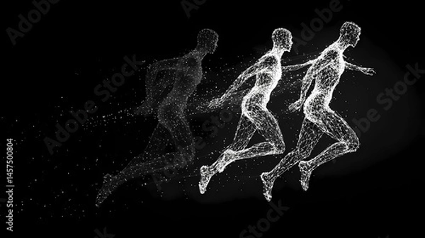 Obraz Abstract human figures in motion made of lines and dots floating in a dark space. [Graviton Cities] | Gravitational Mirage | floating illusion. Illustration
