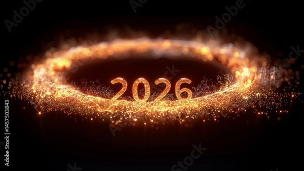 Fototapeta Golden sparkling "2026" glowing inside a bright circular ring of light and glitter, surrounded by festive energy particles on a black background.